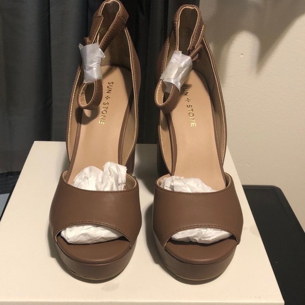 Sun + Stone Brown Open-Toe Ankle-Strap Platform Sandals